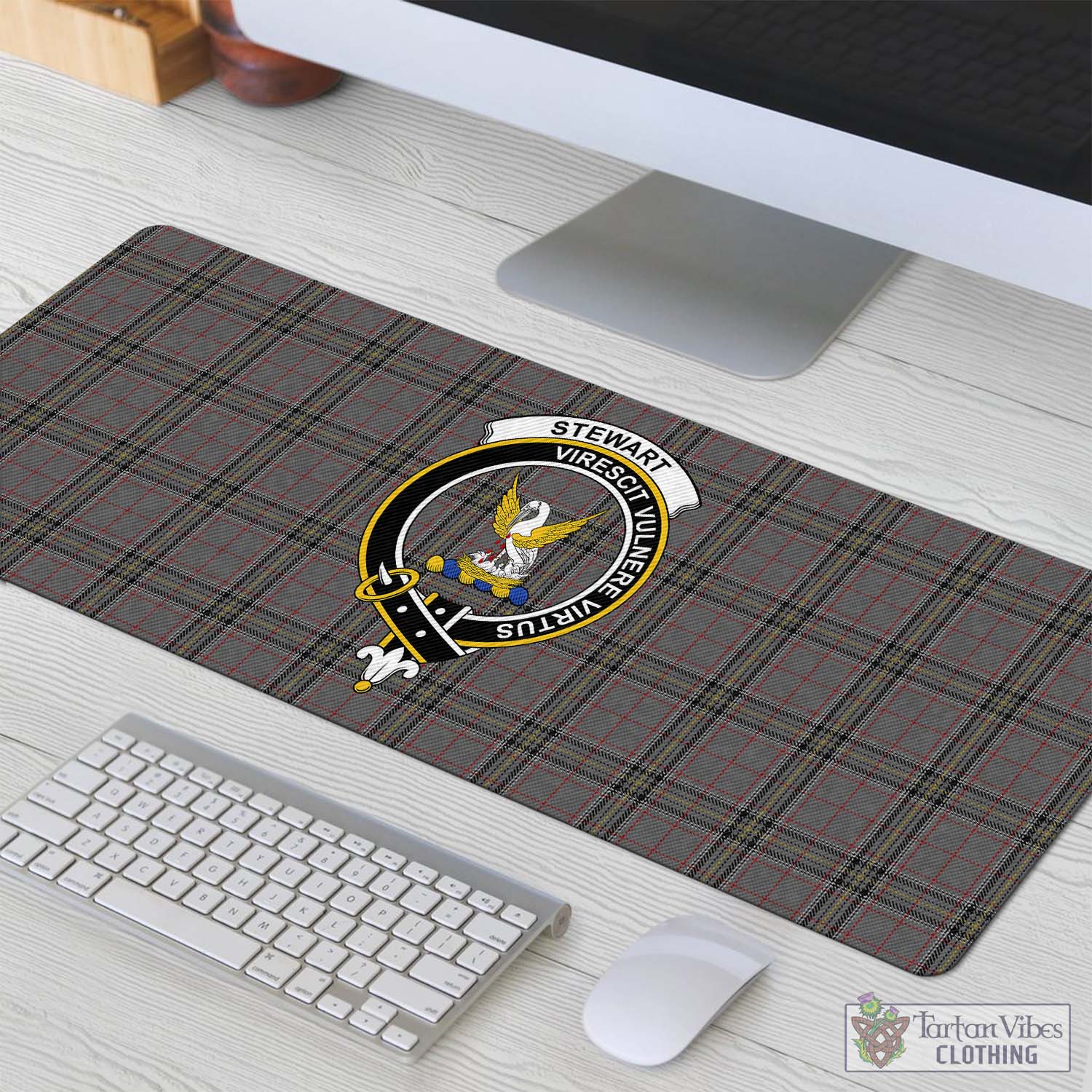 Tartan Vibes Clothing Stewart Grey Tartan Mouse Pad with Family Crest