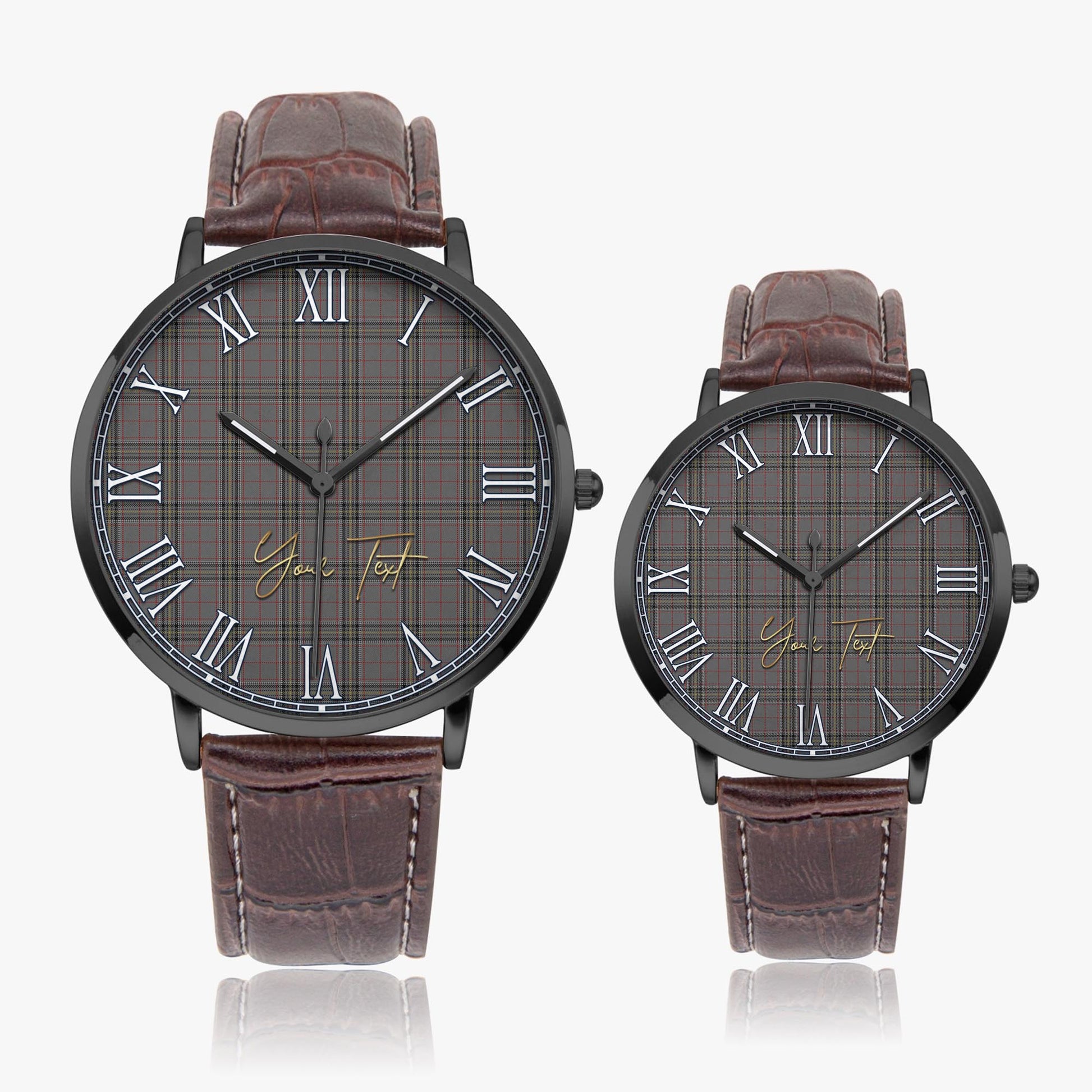 Stewart Grey Tartan Personalized Your Text Leather Trap Quartz Watch Ultra Thin Black Case With Brown Leather Strap - Tartanvibesclothing Shop