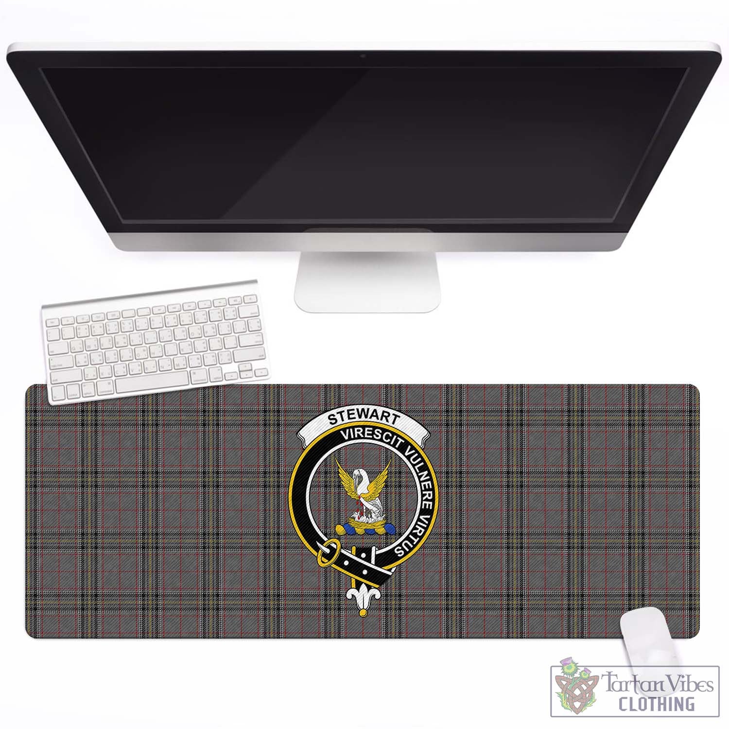 Tartan Vibes Clothing Stewart Grey Tartan Mouse Pad with Family Crest