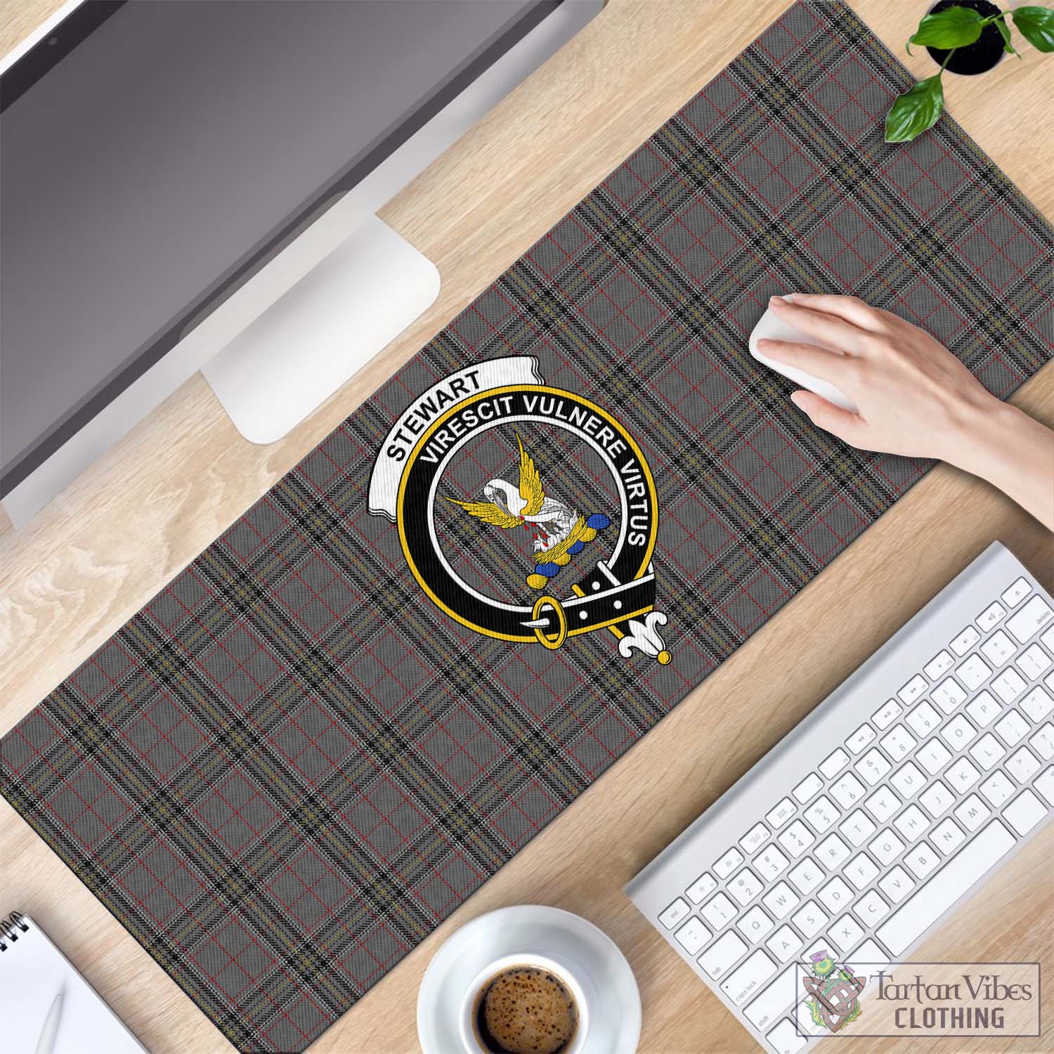 Tartan Vibes Clothing Stewart Grey Tartan Mouse Pad with Family Crest