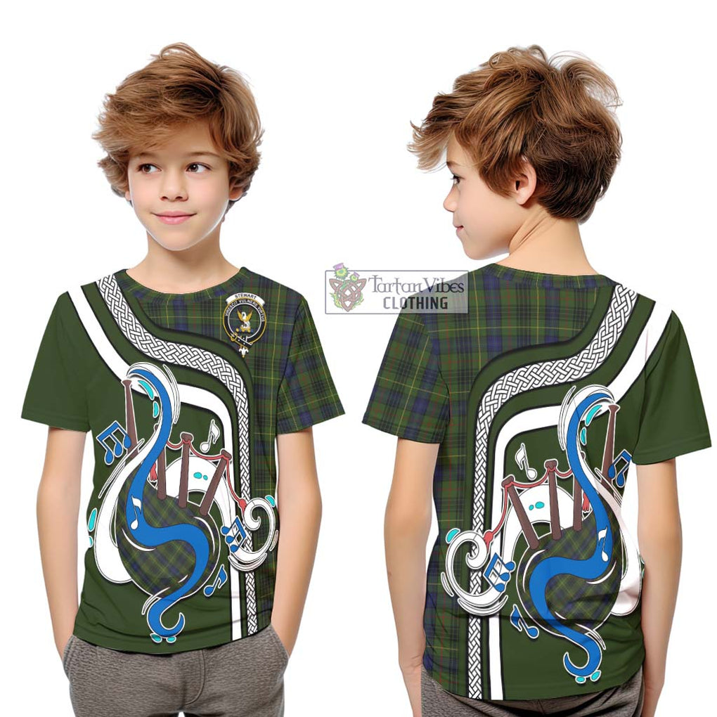 Tartan Vibes Clothing Stewart Hunting Tartan Kid T-Shirt with Epic Bagpipe Style