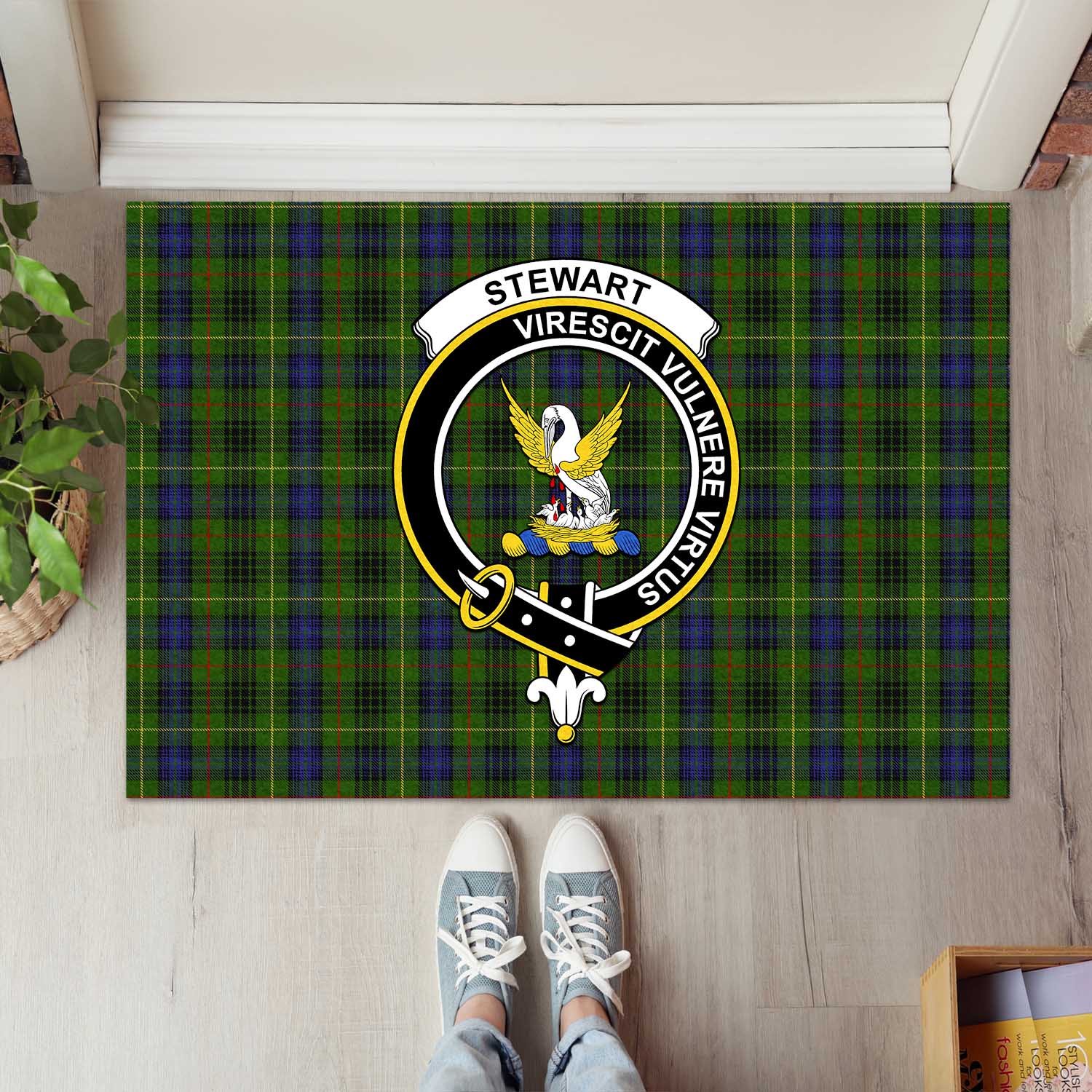 Stewart Hunting Tartan Door Mat with Family Crest - Tartanvibesclothing Shop