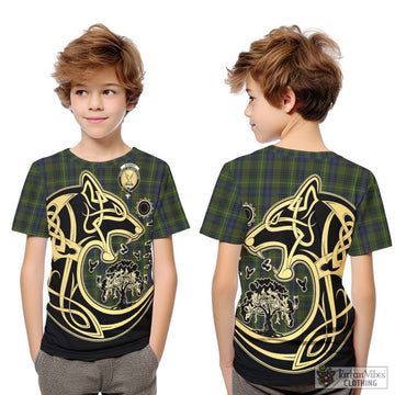 Stewart Hunting Tartan Kid T-Shirt with Family Crest Celtic Wolf Style