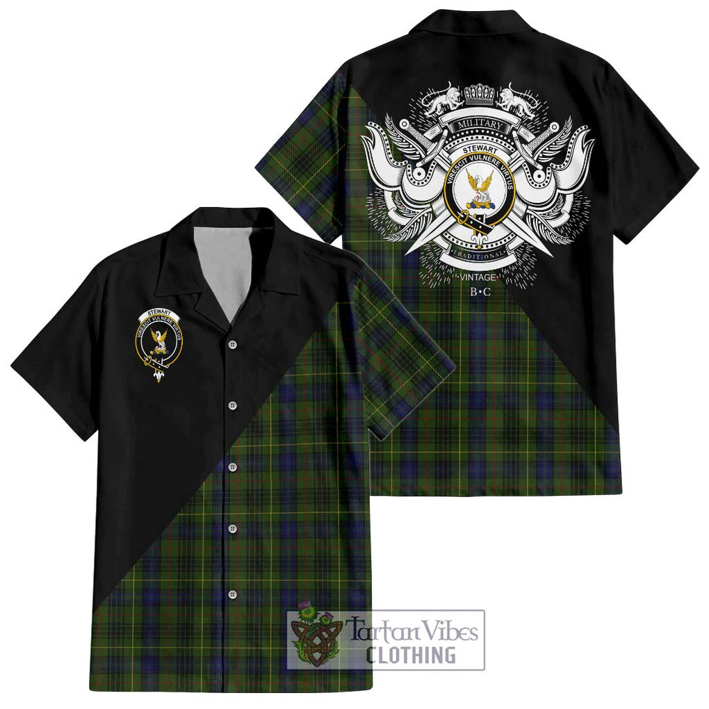 Stewart Hunting Tartan Short Sleeve Button Shirt with Family Crest and Military Logo Style Kid - Tartanvibesclothing Shop