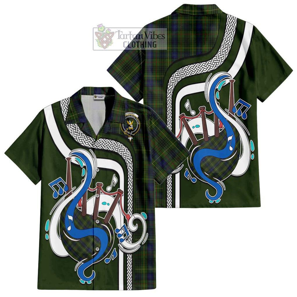 Stewart Hunting Tartan Short Sleeve Button Shirt with Epic Bagpipe Style Kid - Tartanvibesclothing Shop