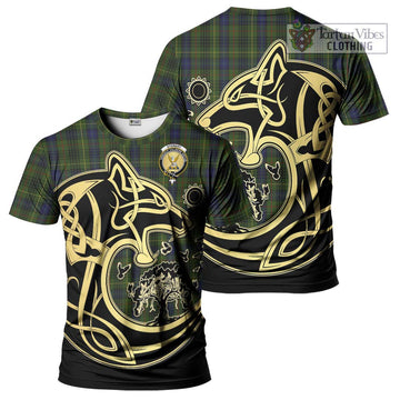 Stewart Hunting Tartan T-Shirt with Family Crest Celtic Wolf Style