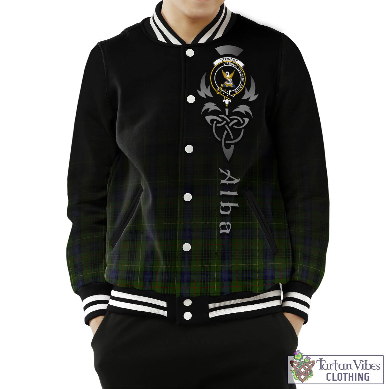 Tartan Vibes Clothing Stewart Hunting Tartan Baseball Jacket Featuring Alba Gu Brath Family Crest Celtic Inspired