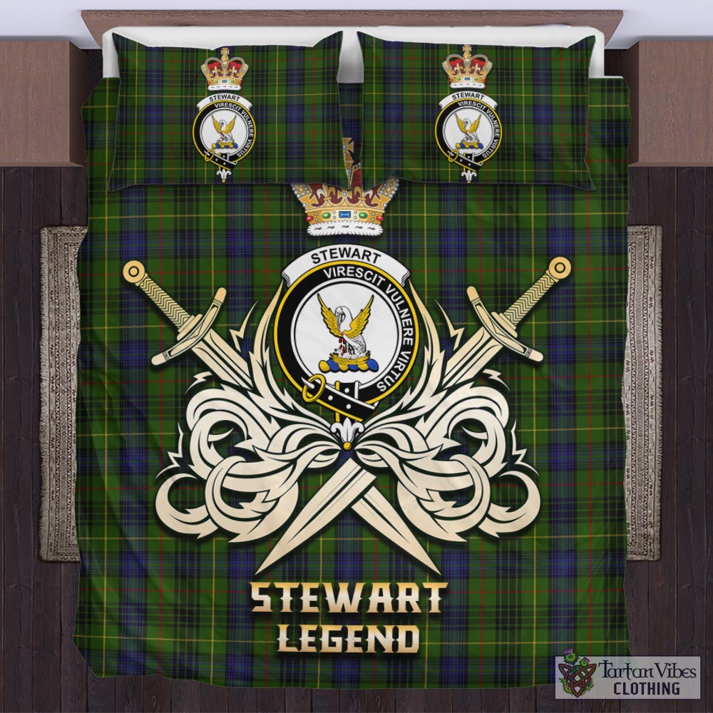 Tartan Vibes Clothing Stewart Hunting Tartan Bedding Set with Clan Crest and the Golden Sword of Courageous Legacy