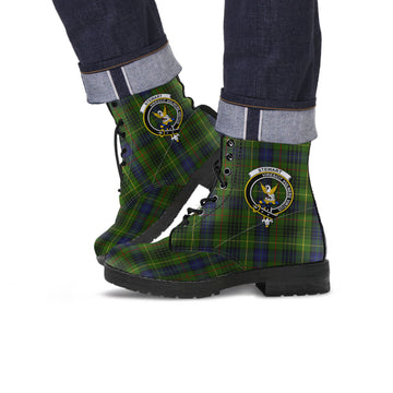 Stewart Hunting Tartan Leather Boots with Family Crest