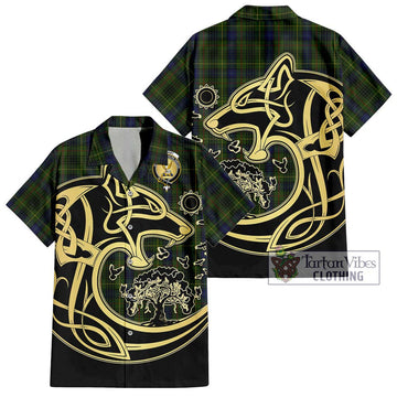 Stewart Hunting Tartan Short Sleeve Button Shirt with Family Crest Celtic Wolf Style