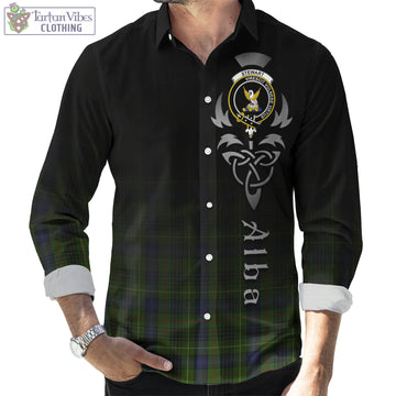 Stewart Hunting Tartan Long Sleeve Button Up Featuring Alba Gu Brath Family Crest Celtic Inspired