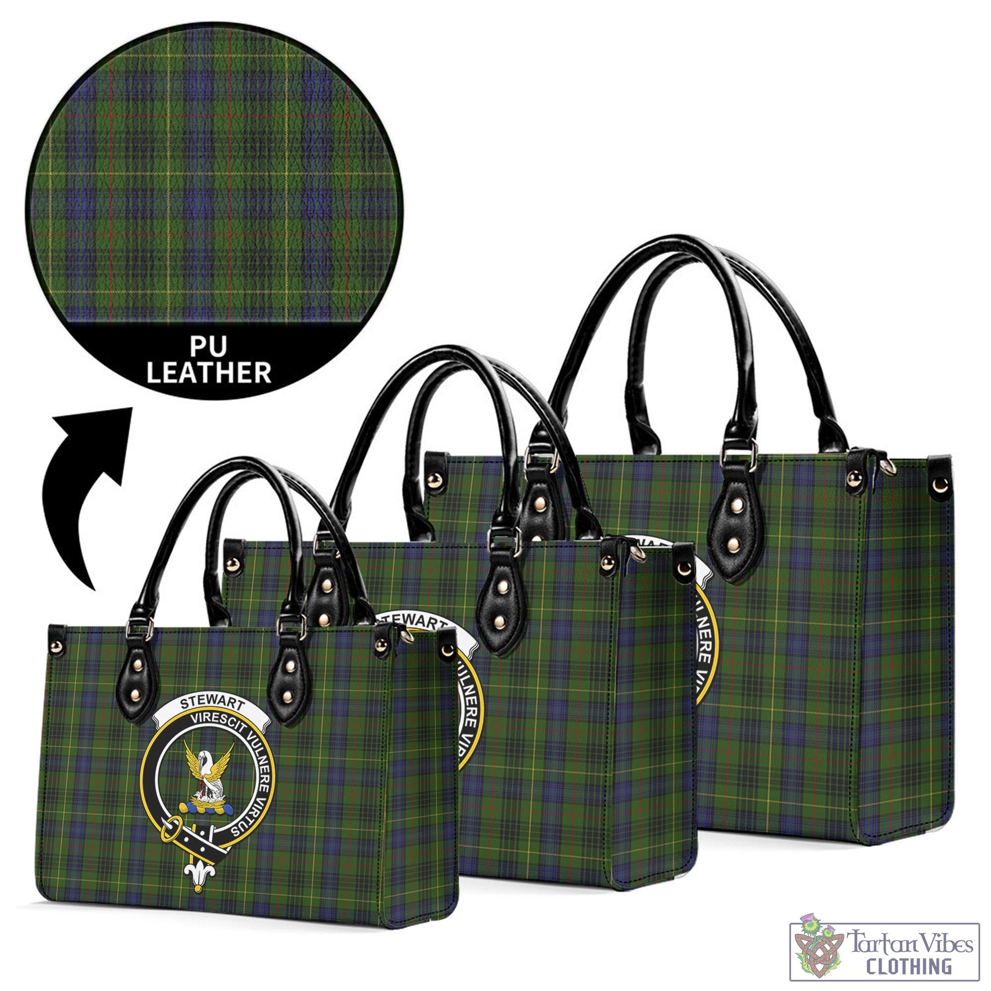 Tartan Vibes Clothing Stewart Hunting Tartan Luxury Leather Handbags with Family Crest