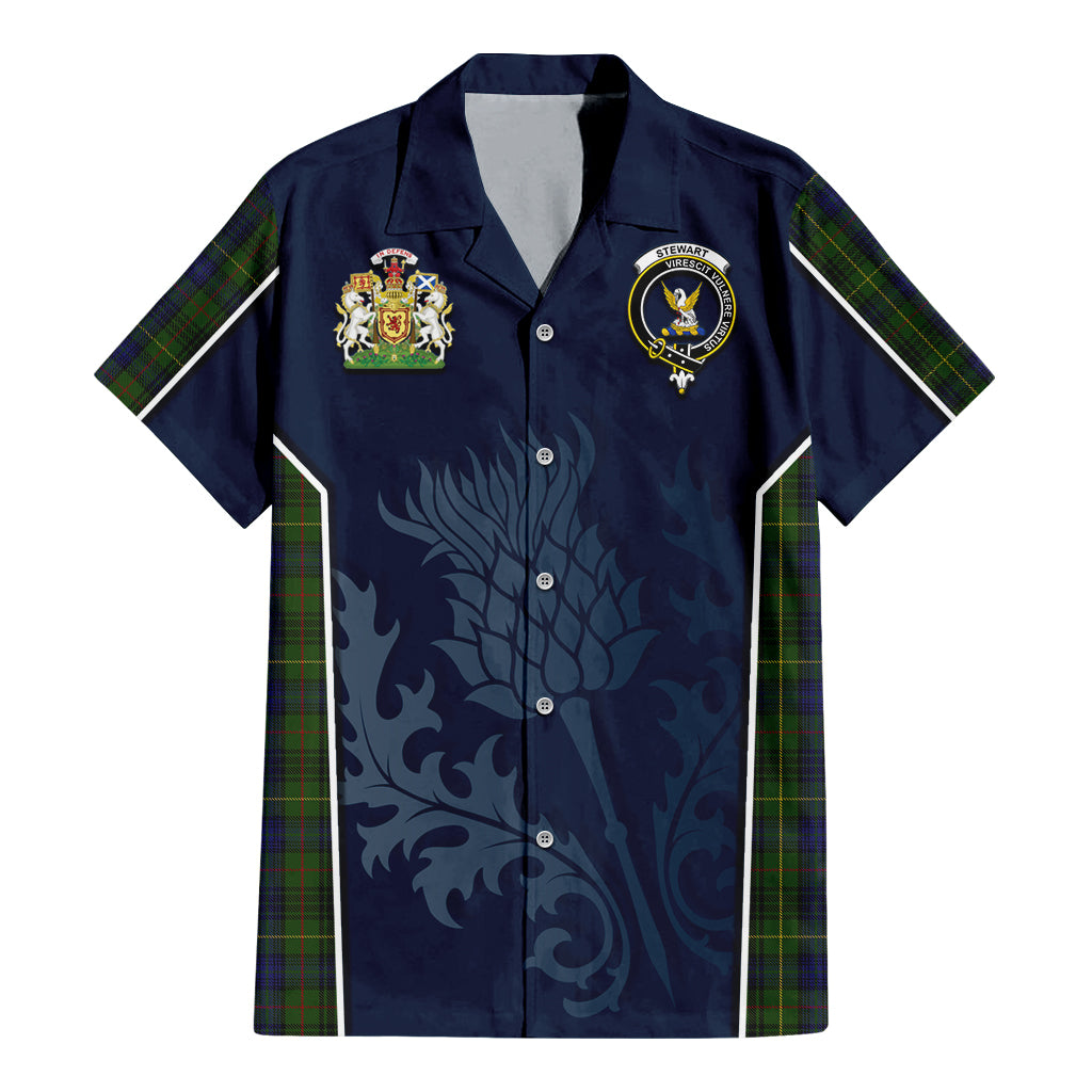 Tartan Vibes Clothing Stewart Hunting Tartan Short Sleeve Button Up Shirt with Family Crest and Scottish Thistle Vibes Sport Style