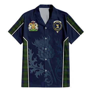 Stewart Hunting Tartan Short Sleeve Button Up Shirt with Family Crest and Scottish Thistle Vibes Sport Style