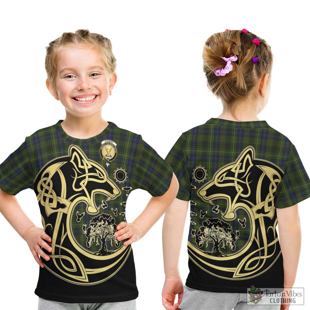 Stewart Hunting Tartan Kid T-Shirt with Family Crest Celtic Wolf Style - Tartan Vibes Clothing