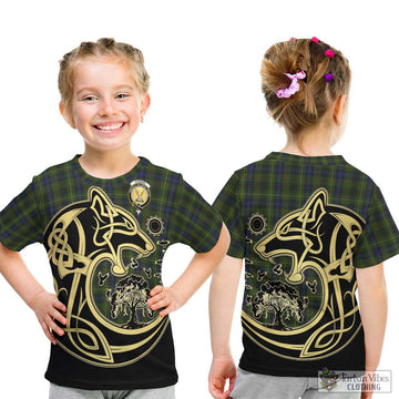 Stewart Hunting Tartan Kid T-Shirt with Family Crest Celtic Wolf Style