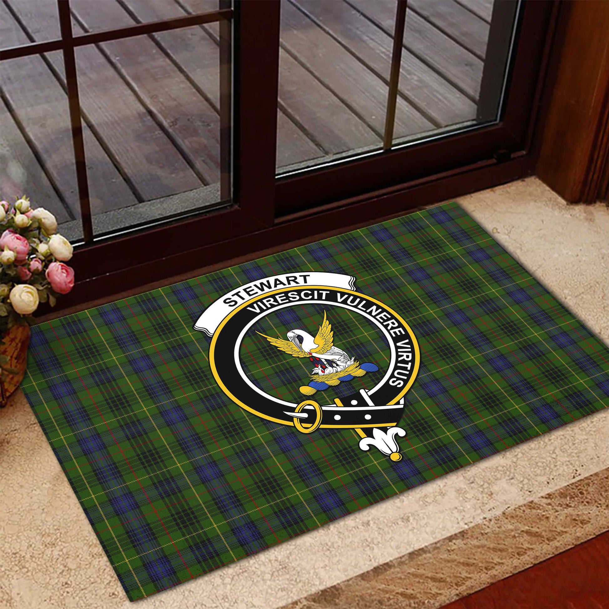 Stewart Hunting Tartan Door Mat with Family Crest - Tartanvibesclothing Shop