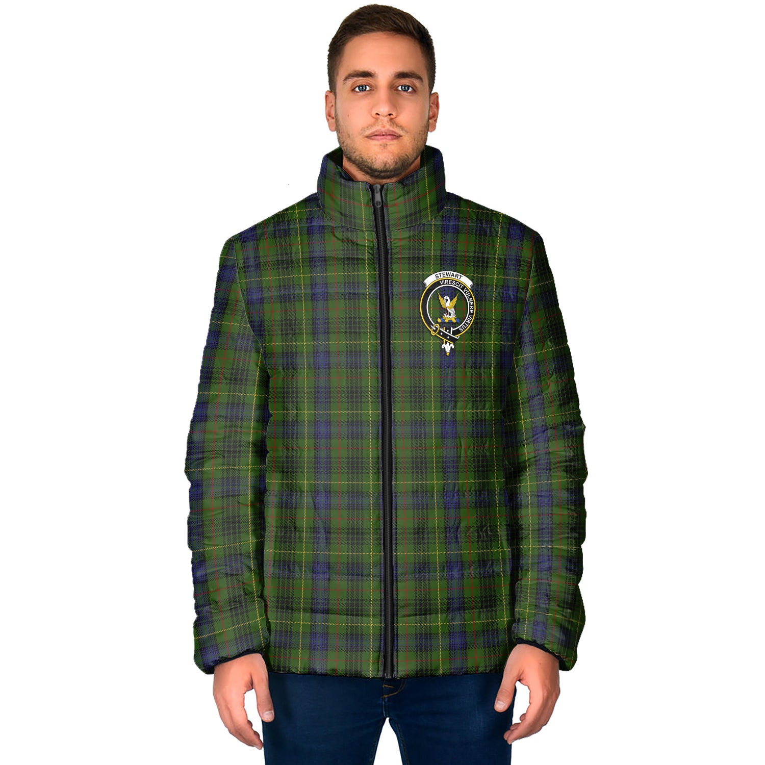 Stewart Hunting Tartan Padded Jacket with Family Crest - Tartan Vibes Clothing