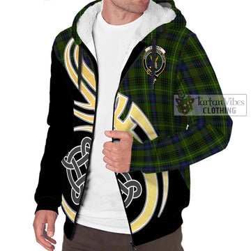 Stewart Hunting Tartan Sherpa Hoodie with Family Crest and Celtic Symbol Style