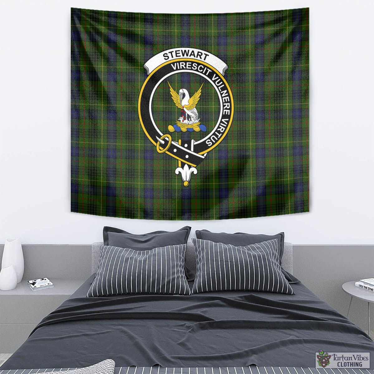 Tartan Vibes Clothing Stewart Hunting Tartan Tapestry Wall Hanging and Home Decor for Room with Family Crest