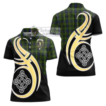 Stewart Hunting Tartan Women's Polo Shirt with Family Crest and Celtic Symbol Style