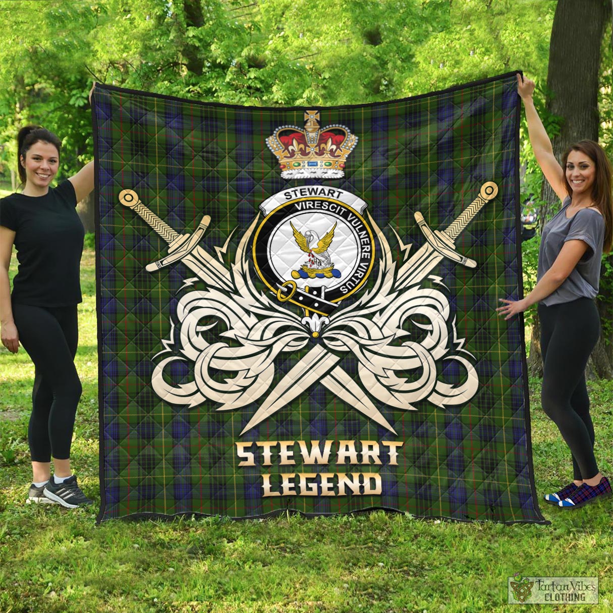 Tartan Vibes Clothing Stewart Hunting Tartan Quilt with Clan Crest and the Golden Sword of Courageous Legacy