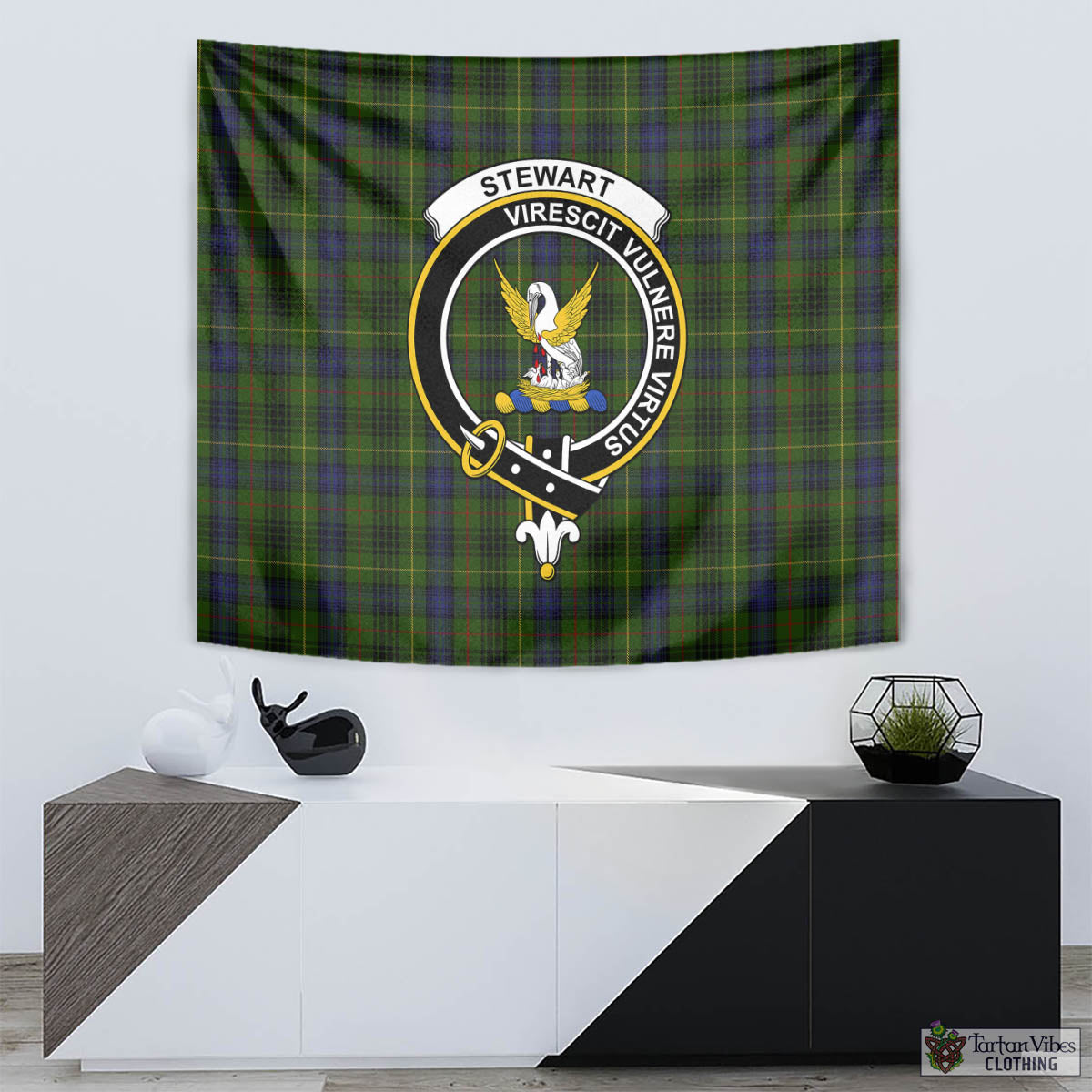 Tartan Vibes Clothing Stewart Hunting Tartan Tapestry Wall Hanging and Home Decor for Room with Family Crest