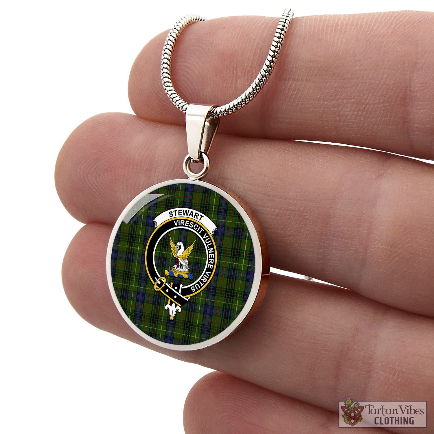 Tartan Vibes Clothing Stewart Hunting Tartan Circle Necklace with Family Crest