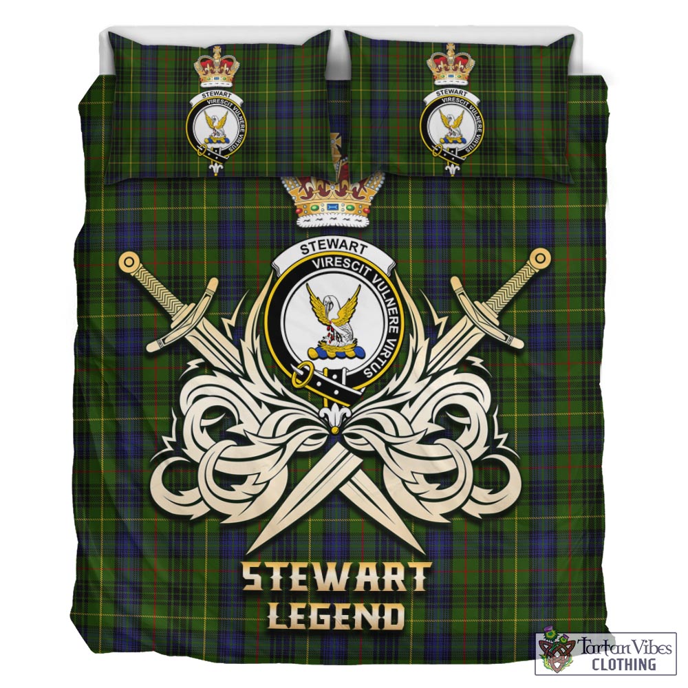 Tartan Vibes Clothing Stewart Hunting Tartan Bedding Set with Clan Crest and the Golden Sword of Courageous Legacy