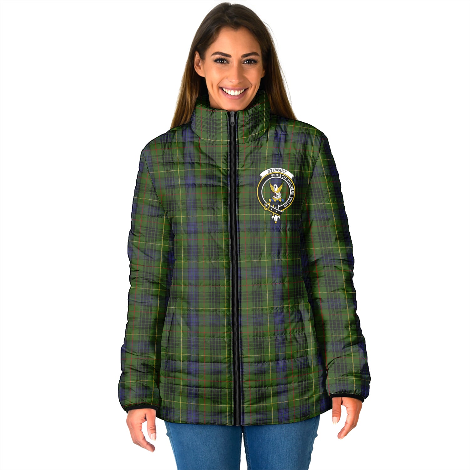 Stewart Hunting Tartan Padded Jacket with Family Crest - Tartan Vibes Clothing