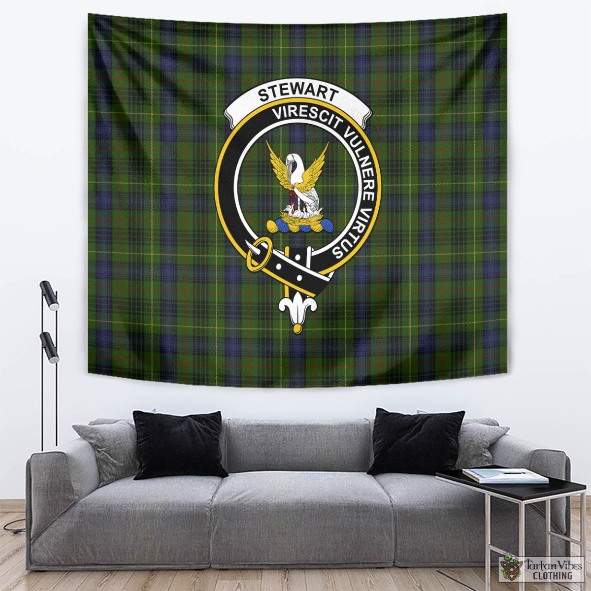 Tartan Vibes Clothing Stewart Hunting Tartan Tapestry Wall Hanging and Home Decor for Room with Family Crest