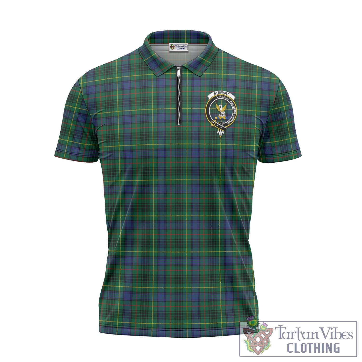 Tartan Vibes Clothing Stewart Hunting Modern Tartan Zipper Polo Shirt with Family Crest