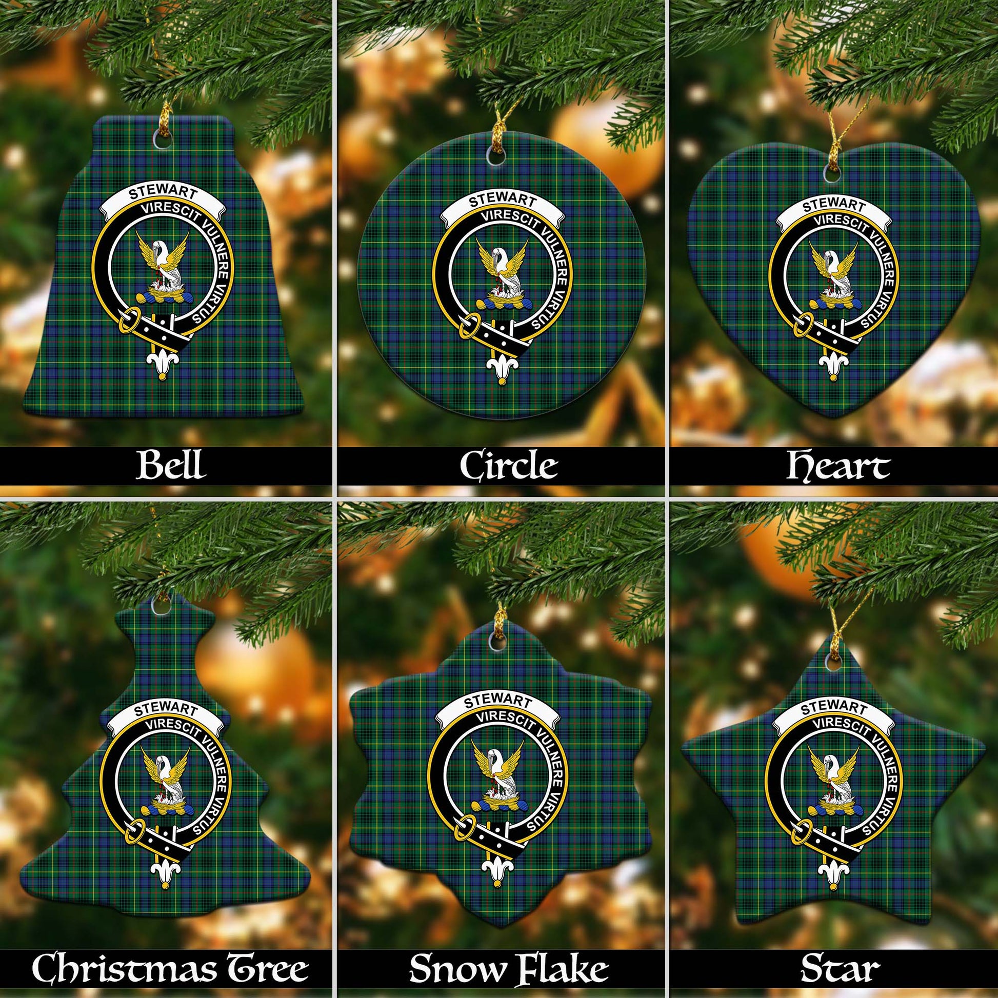 Stewart Hunting Modern Tartan Christmas Ornaments with Family Crest - Tartanvibesclothing