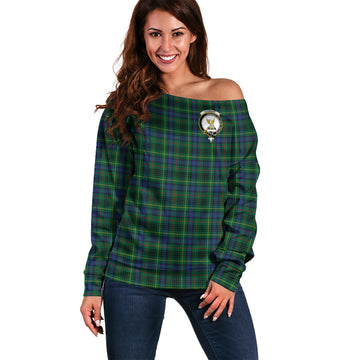 Stewart Hunting Modern Tartan Off Shoulder Women Sweater with Family Crest