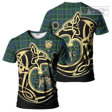 Stewart Hunting Modern Tartan T-Shirt with Family Crest Celtic Wolf Style