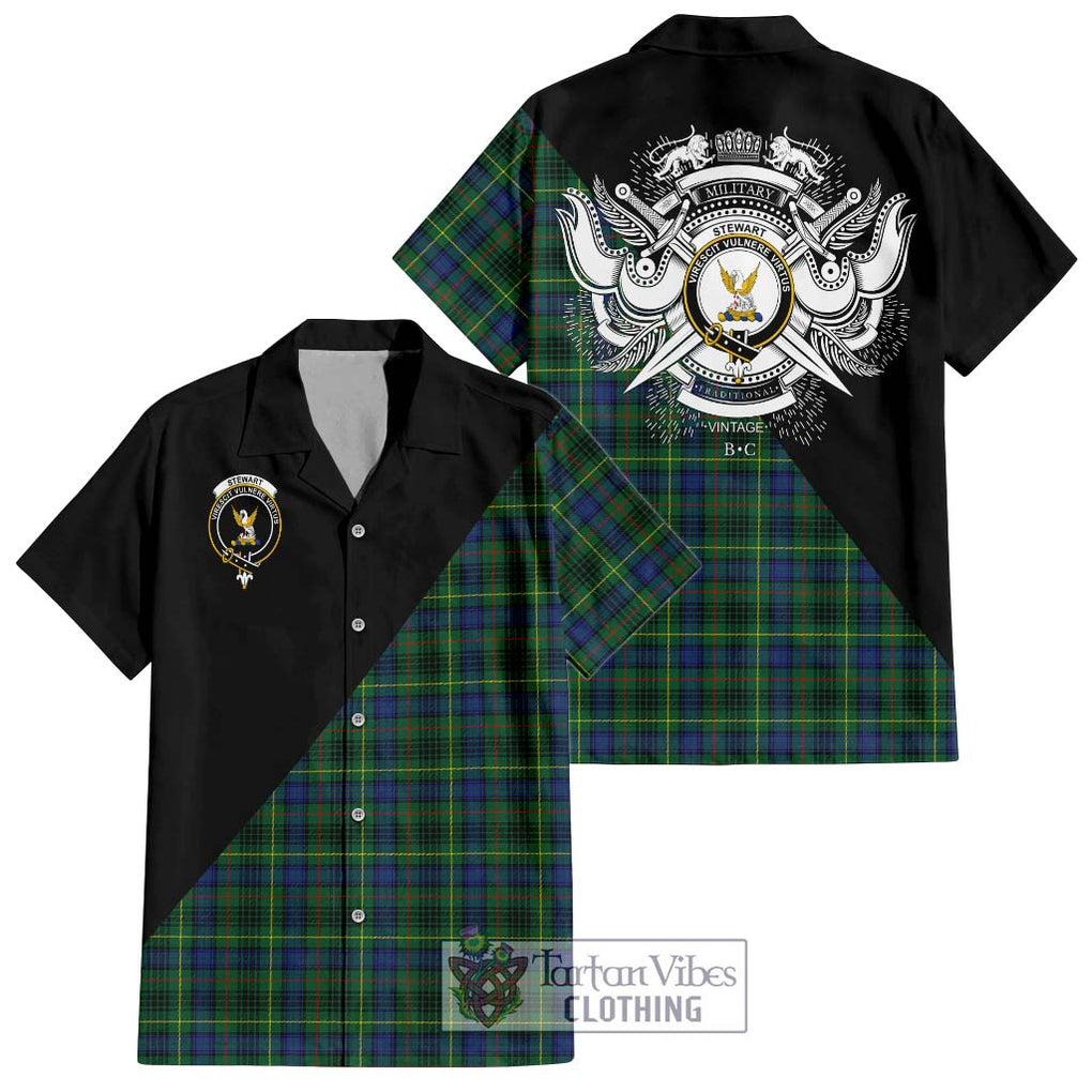 Stewart Hunting Modern Tartan Short Sleeve Button Shirt with Family Crest and Military Logo Style Kid - Tartanvibesclothing Shop