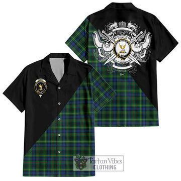 Stewart Hunting Modern Tartan Short Sleeve Button Shirt with Family Crest and Military Logo Style