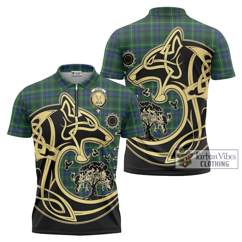 Stewart Hunting Modern Tartan Zipper Polo Shirt with Family Crest Celtic Wolf Style Unisex - Tartanvibesclothing Shop