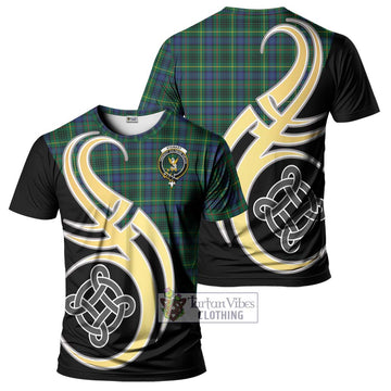 Stewart Hunting Modern Tartan T-Shirt with Family Crest and Celtic Symbol Style