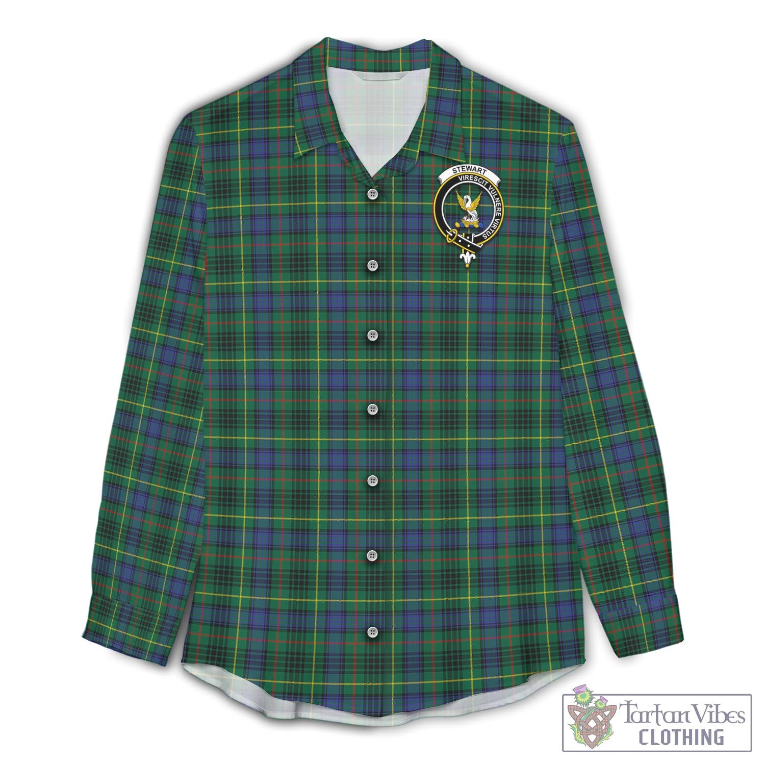 Tartan Vibes Clothing Stewart Hunting Modern Tartan Womens Casual Shirt with Family Crest