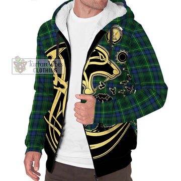 Stewart Hunting Modern Tartan Sherpa Hoodie with Family Crest Celtic Wolf Style