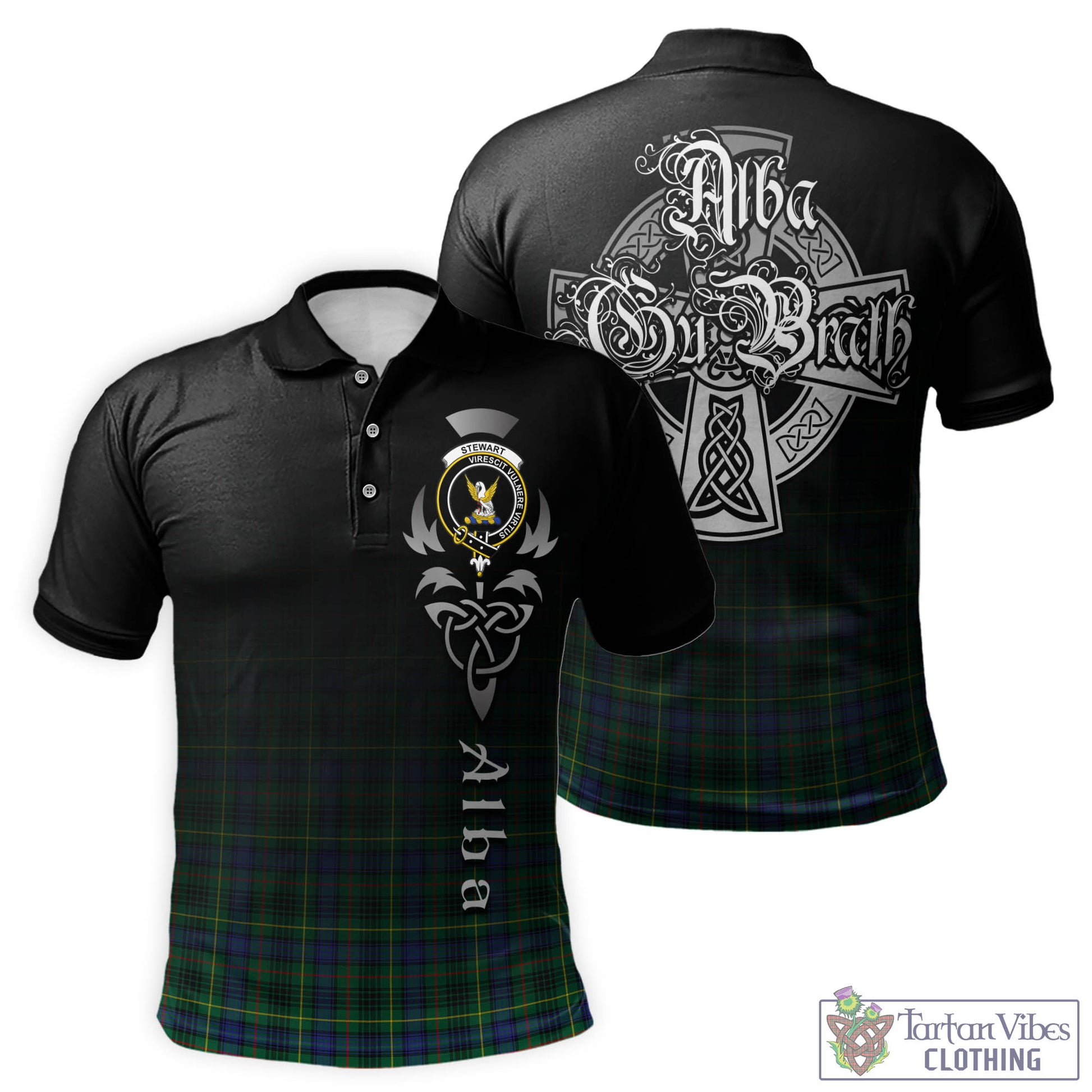 Tartan Vibes Clothing Stewart Hunting Modern Tartan Polo Shirt Featuring Alba Gu Brath Family Crest Celtic Inspired