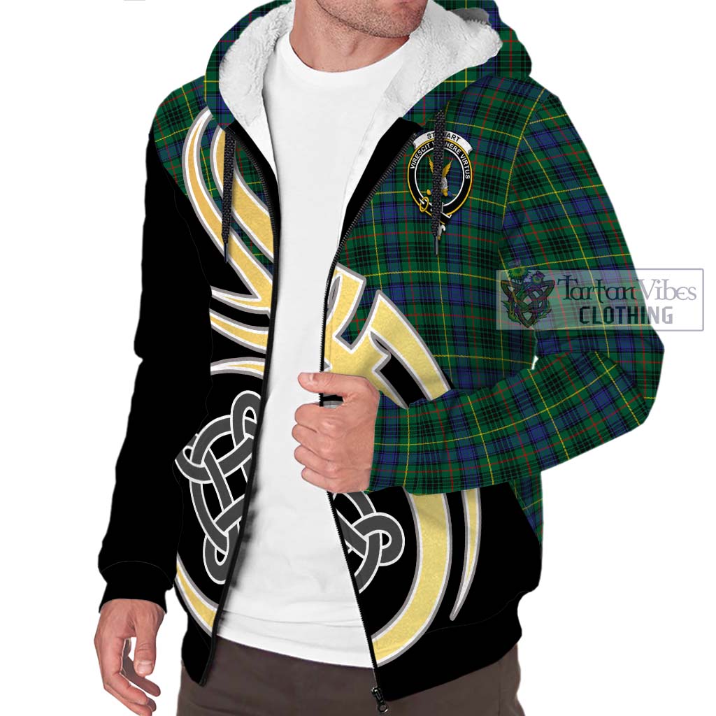 Stewart Hunting Modern Tartan Sherpa Hoodie with Family Crest and Celtic Symbol Style - Tartan Vibes Clothing