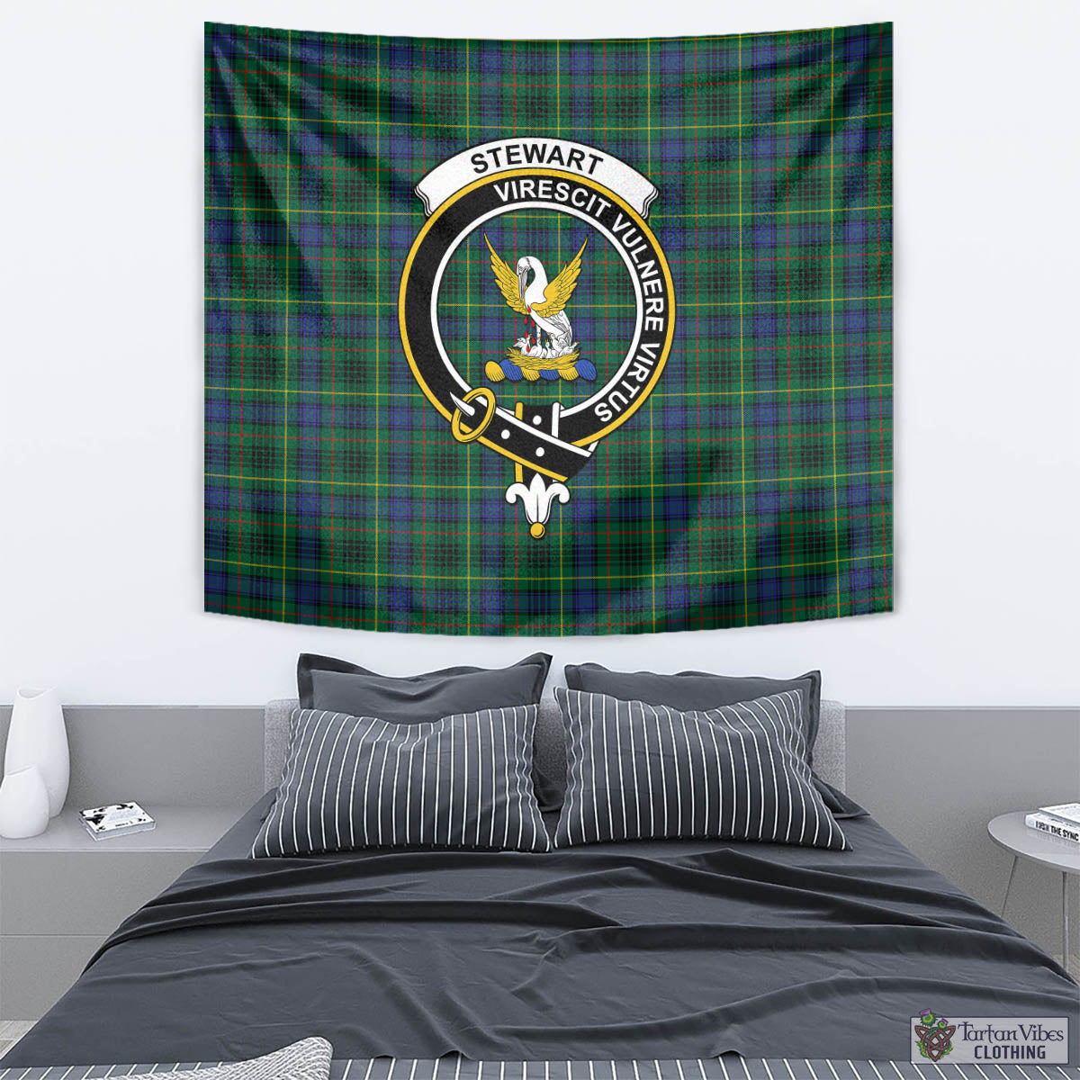 Tartan Vibes Clothing Stewart Hunting Modern Tartan Tapestry Wall Hanging and Home Decor for Room with Family Crest