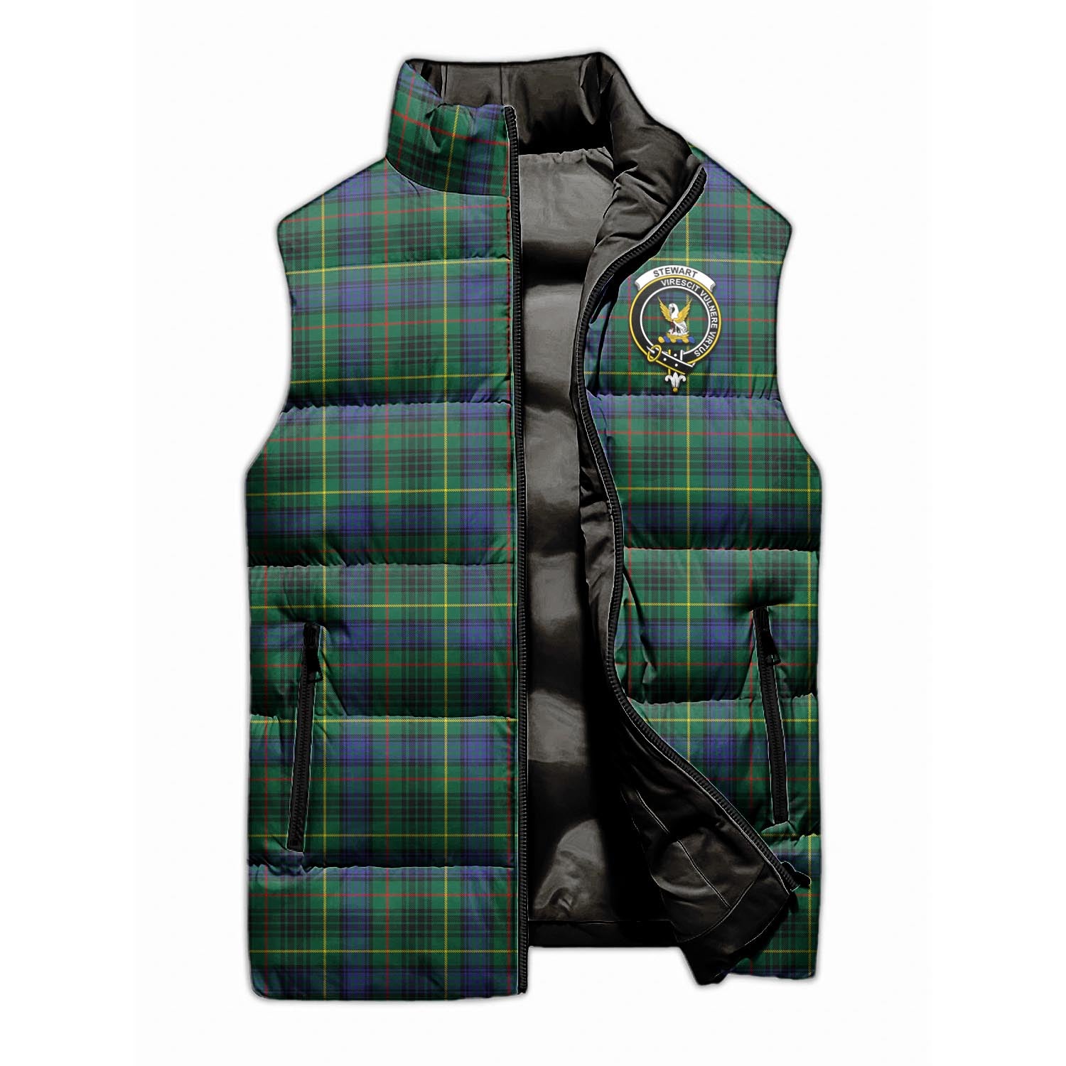 Stewart Hunting Modern Tartan Sleeveless Puffer Jacket with Family Crest - Tartanvibesclothing