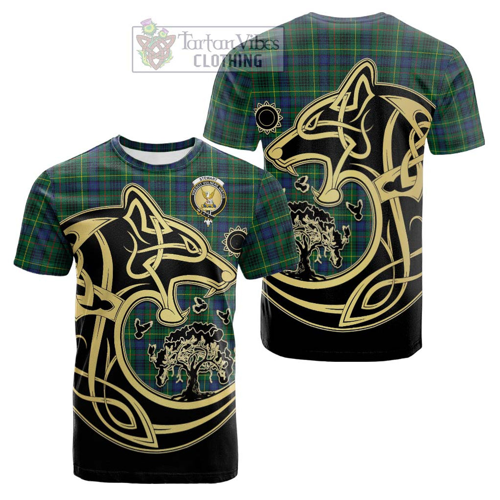 Tartan Vibes Clothing Stewart Hunting Modern Tartan Cotton T-shirt with Family Crest Celtic Wolf Style