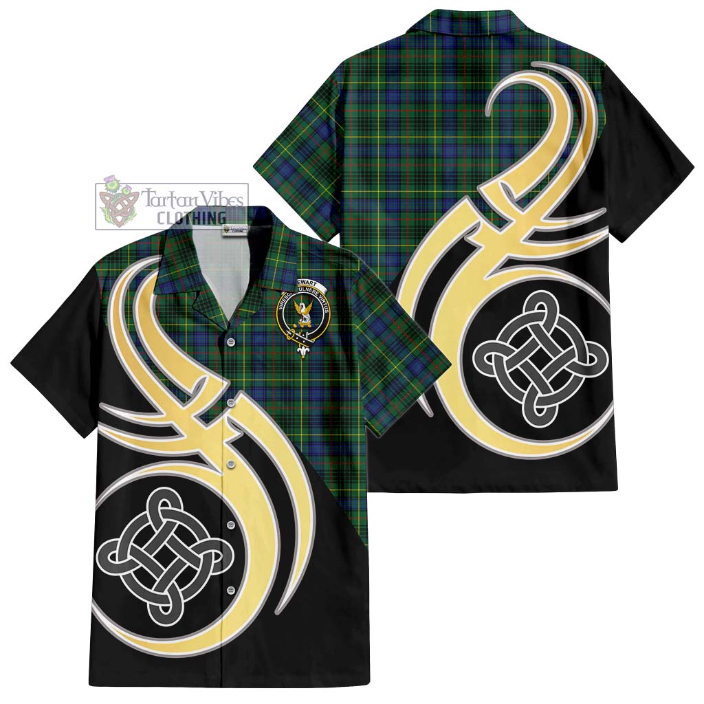 Stewart Hunting Modern Tartan Short Sleeve Button Shirt with Family Crest and Celtic Symbol Style - Tartan Vibes Clothing