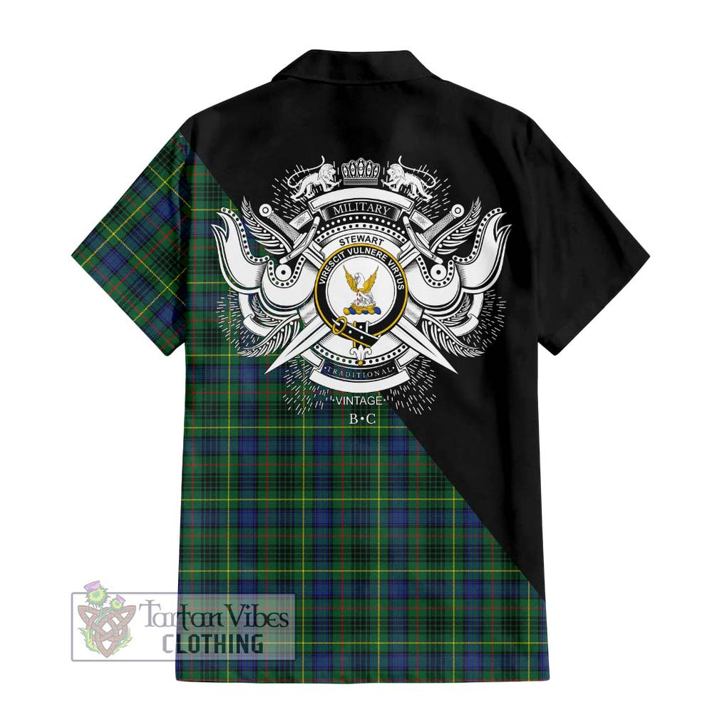 Stewart Hunting Modern Tartan Short Sleeve Button Shirt with Family Crest and Military Logo Style - Tartanvibesclothing Shop