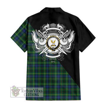 Stewart Hunting Modern Tartan Short Sleeve Button Shirt with Family Crest and Military Logo Style