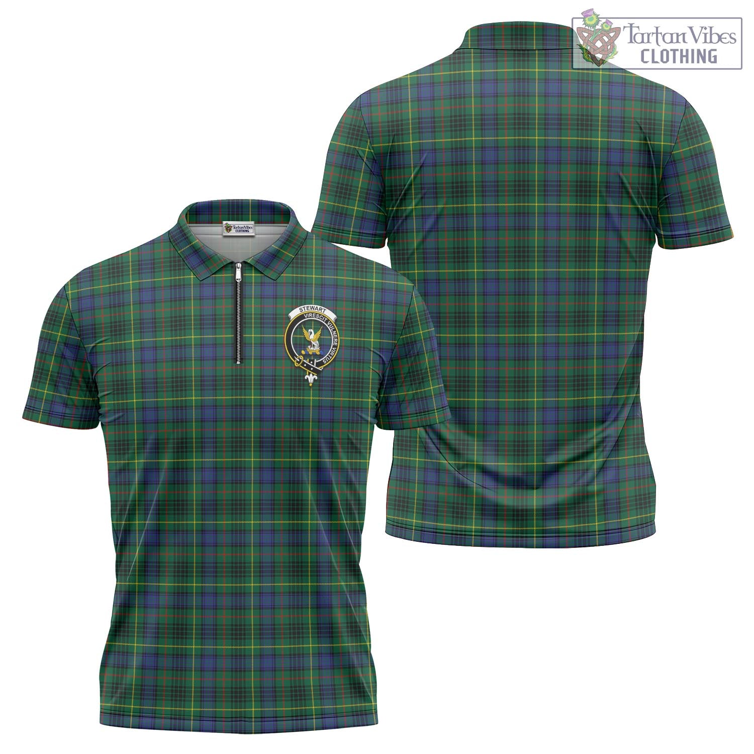 Tartan Vibes Clothing Stewart Hunting Modern Tartan Zipper Polo Shirt with Family Crest